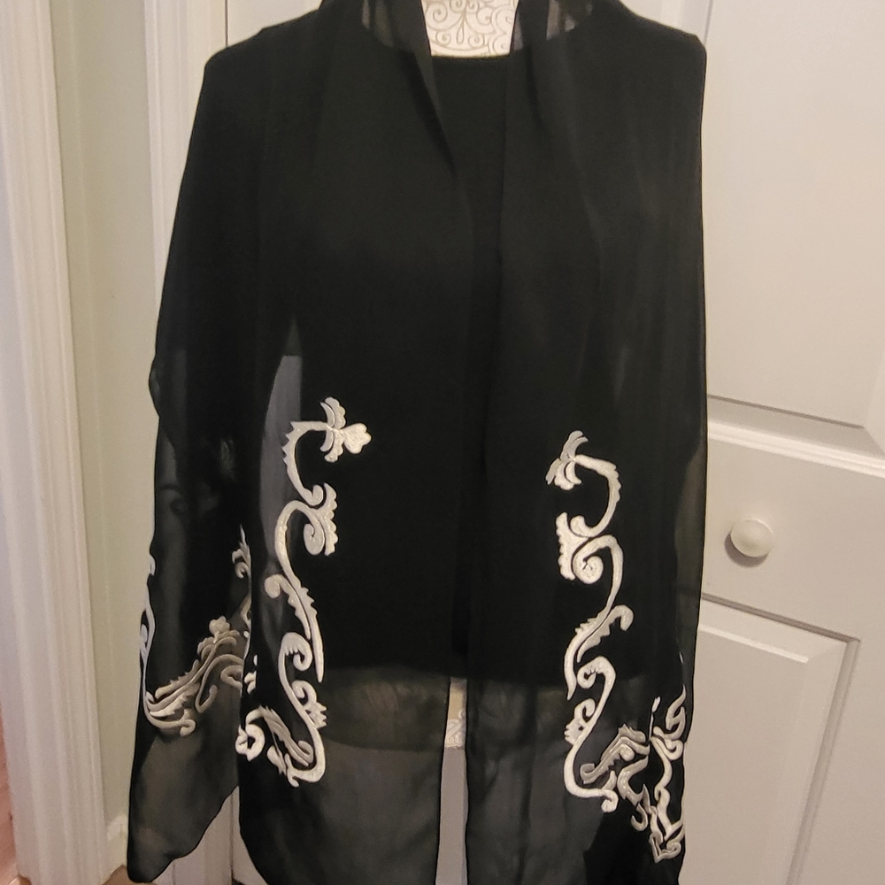Black Scarf/shawl white embroidery.